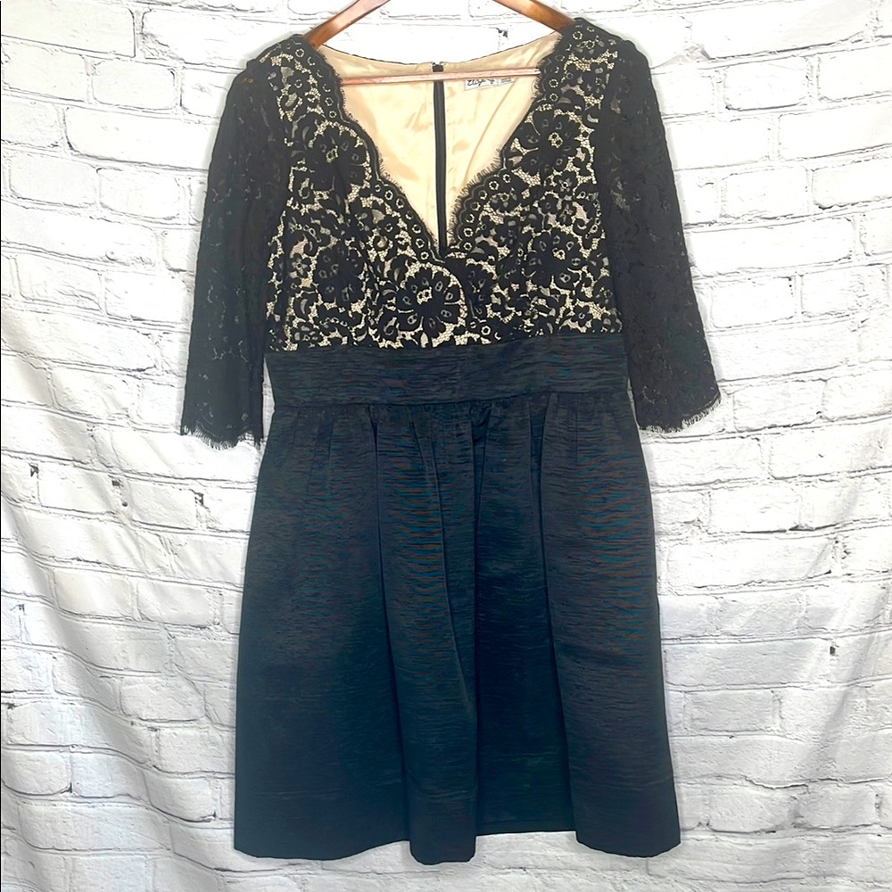 Eliza J Black Lace & Beige Elegant Dress Size 12 Excellent Condition